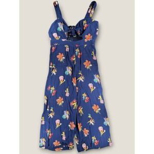 Madewell Plumeria Tie Front Jumpsuit Navy Blue Tropical Floral Size 14 Wide Leg